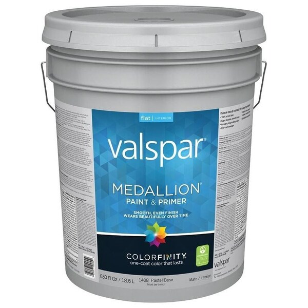 Valspar 027000008 Wall Paint, Flat, Flat Pastel Base, 5 gal Pail 1408